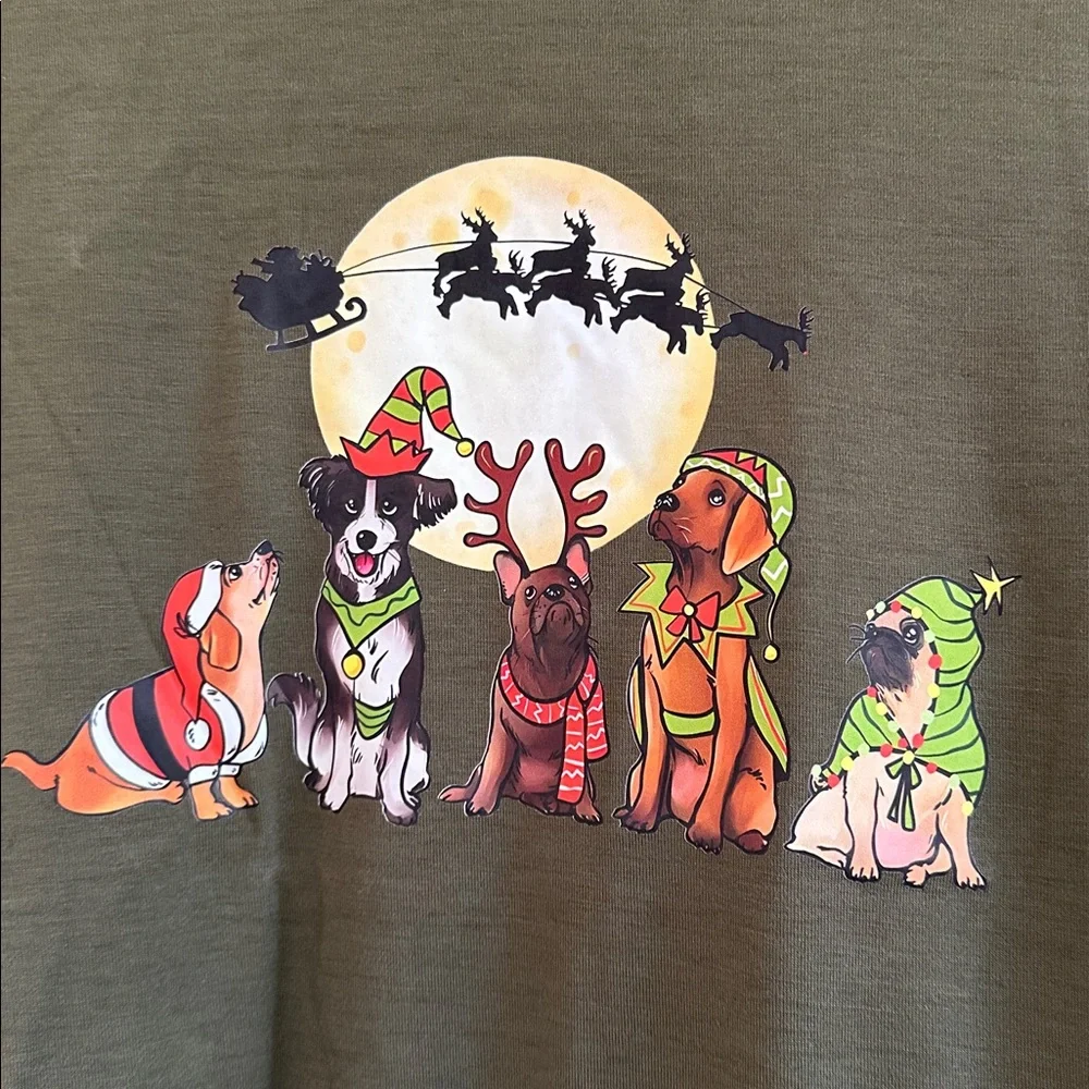 Festive Dog Christmas Graphic T-Shirt - Army Green - Picture 3 of 5